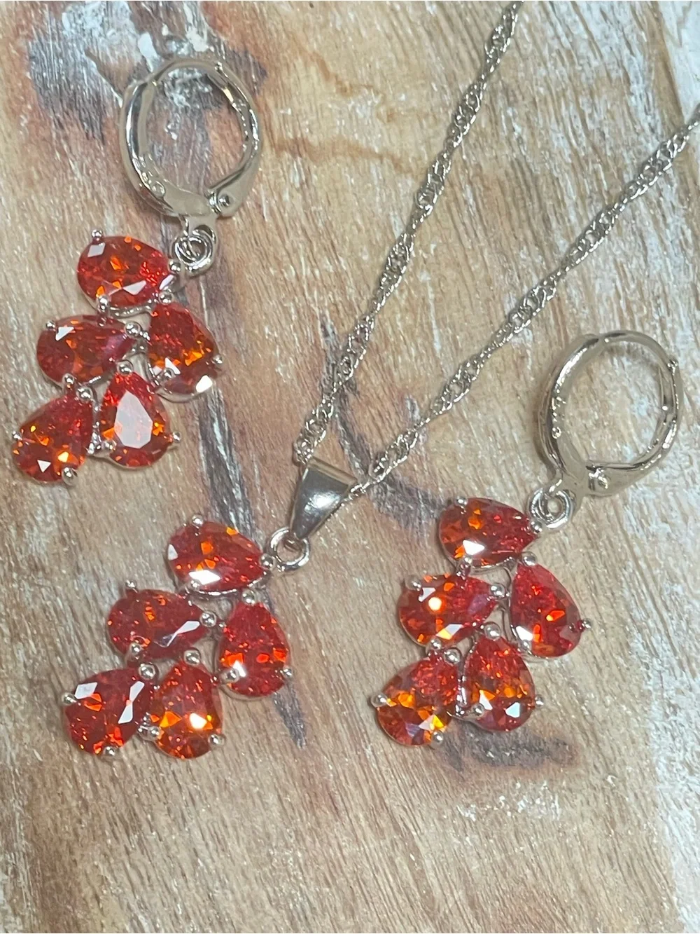 Sterling Silver Teardrop Crystal Necklace w Deep Orange Faceted Crystal Stones